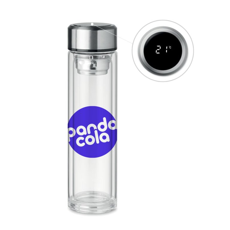 Bouteille avec double paroi personnalisable avec infuseur à thé et thermomètre LED intégrés - Poleglass | pandacolach