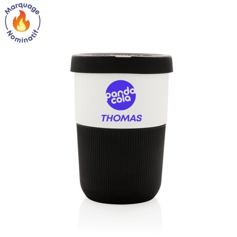 Tasse publicitaire avec prénom éco-responsable 380 ml avec couvercle  - Corlegro Own | pandacolach