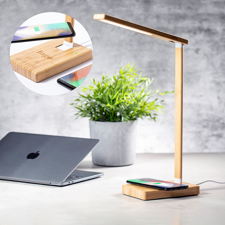 Lampe de bureau en bambou personnalisable avec chargeur à induction 10W - Slya | pandacolach