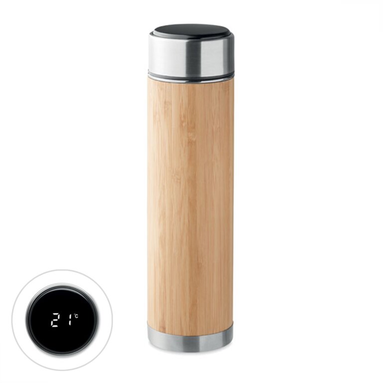 Bouteille personnalisable double paroi en bambou avec thermomètre tactile 480 ml - Saicho | pandacolach