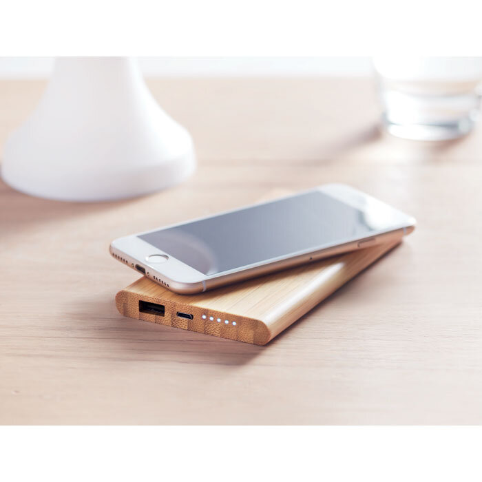 Batterie de secours publicitaire et chargeur induction 6000 mAh en bambou - Arena | pandacolach - 1