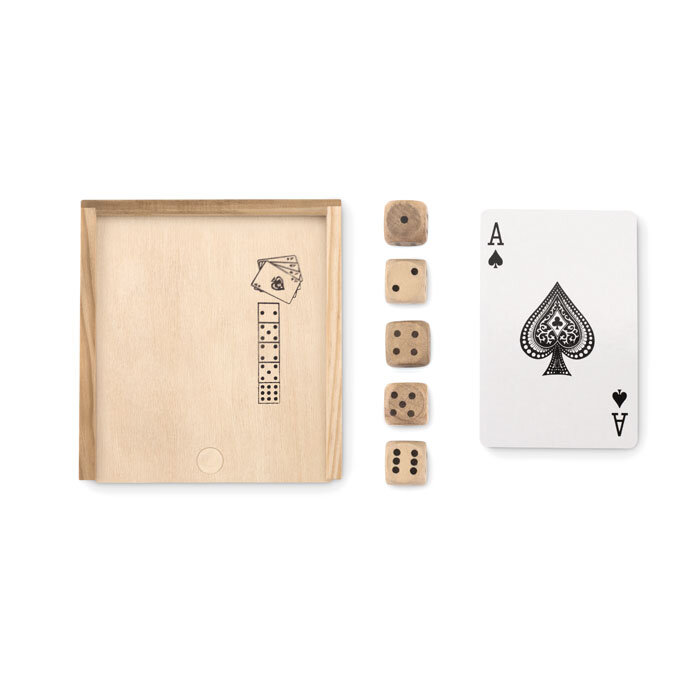 Boîte en bois personnalisée avec jeu de cartes et 5 dés - Las Vegas | pandacolach