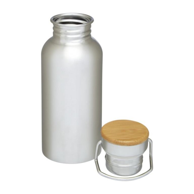 Bouteille publicitaire en acier inoxydable avec poignée et couvercle bambou 550 ml - Bilou | pandacolach - 1