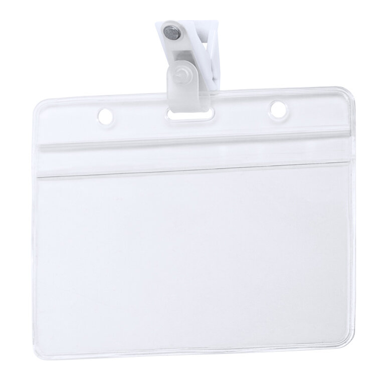 Badge publicitaire perforé avec clip fixation format horizontal 11,2x9,2 cm - Solip | pandacolach