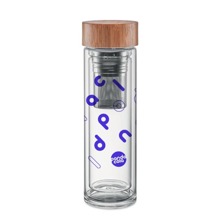 Gourde publicitaire en verre avec couvercle en bambou et infuseur 420 ml - Wao | pandacolach