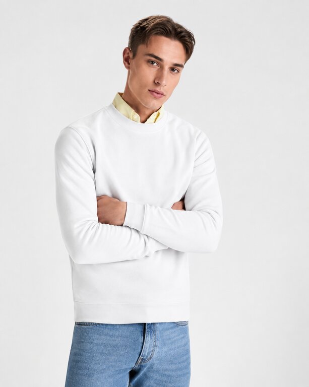 Sweat publicitaire blanc unisexe ras du cou avec poignets ajustés 280 gr/m² - Anjo | pandacola