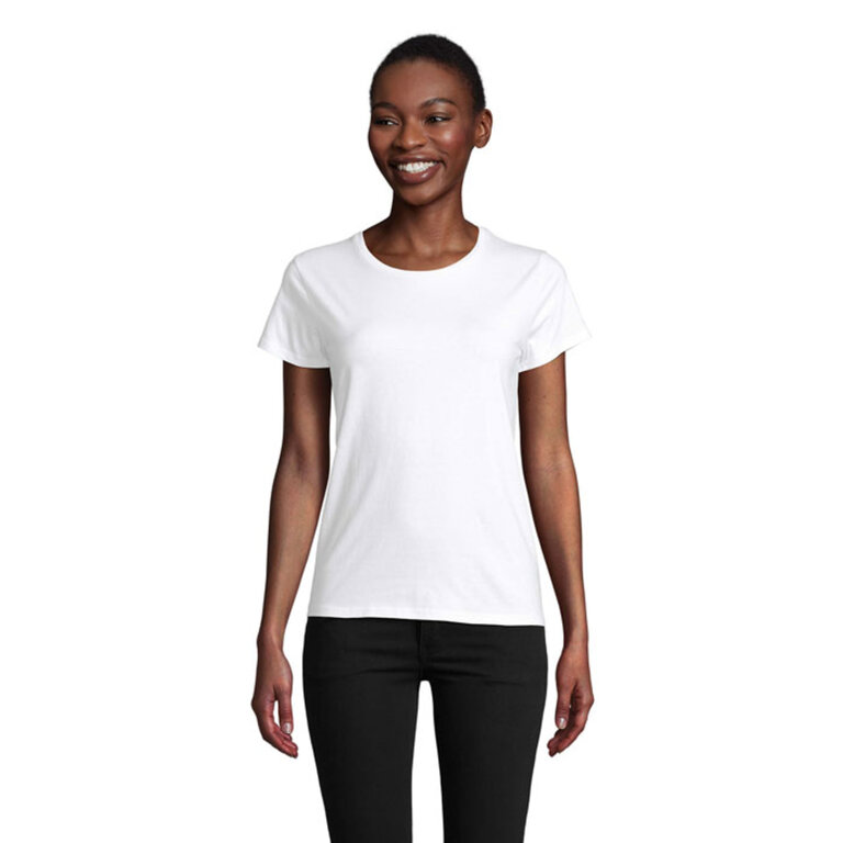 Tee-shirt personnalisable blanc femme coupe ajustée en coton bio 175 gr/m² - Pioneer | pandacola