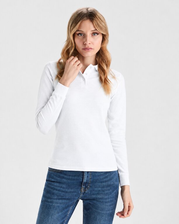 Polo publicitaire blanc femme à manches longues avec côtes 220 gr/m² - Seto | pandacola