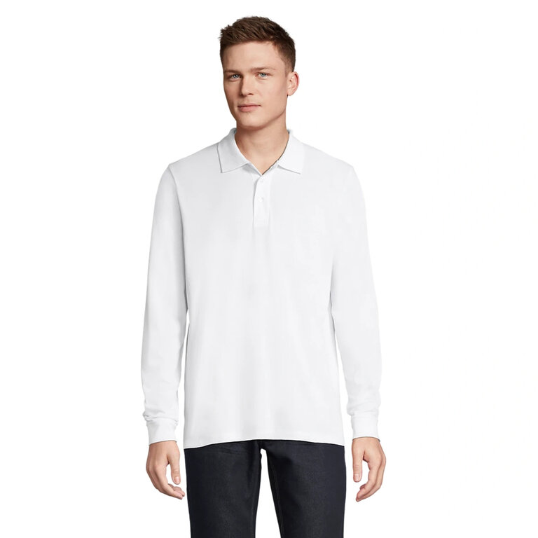 Polo manches longues personnalisé unisexe blanc en polyester 200 gr/m² - Prime Lsl White | pandacola