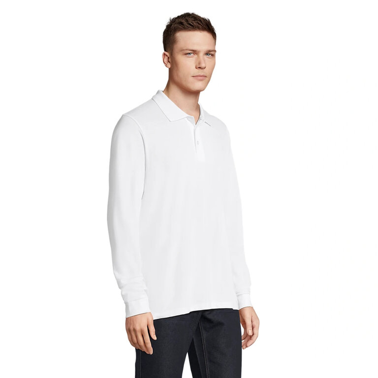 Polo manches longues personnalisé unisexe blanc en polyester 200 gr/m² - Prime Lsl White | pandacola - 1