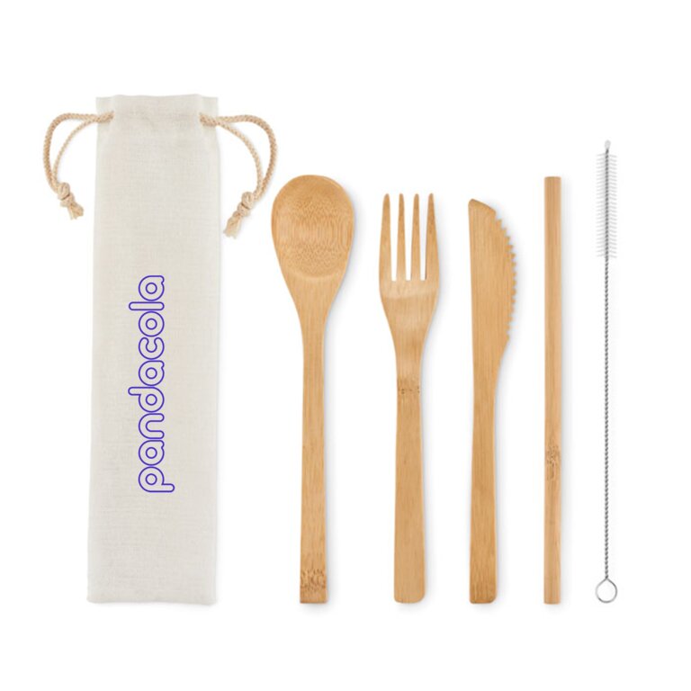 Set de couverts publicitaire en bambou avec paille - Bambi | pandacolach