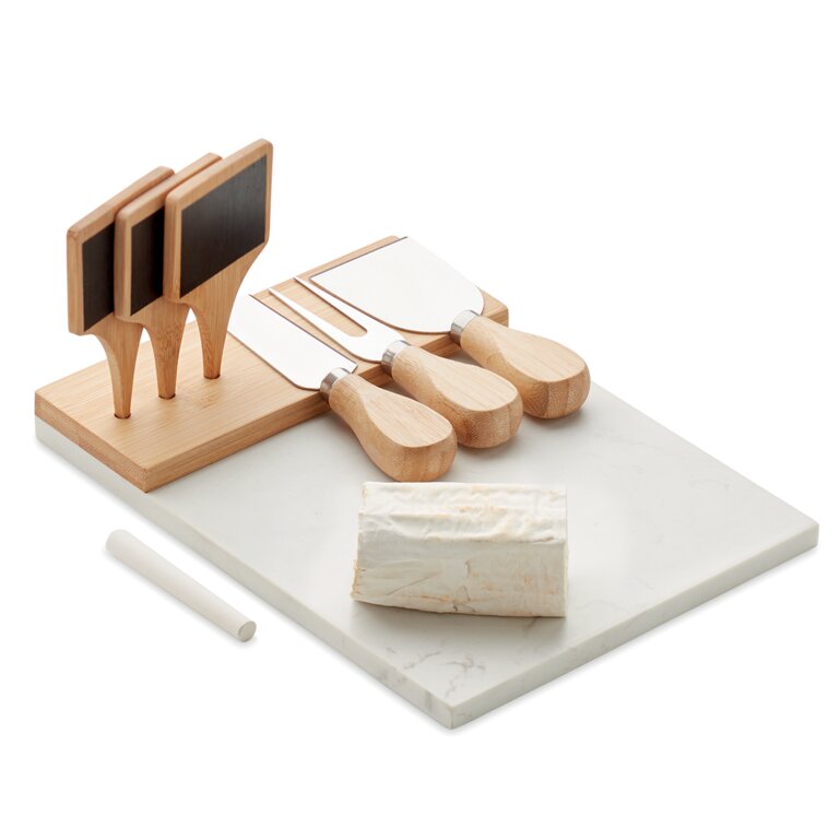Plateau à fromage publicitaire en marbre et bambou avec ustensiles - Quisa | pandacolach - 1