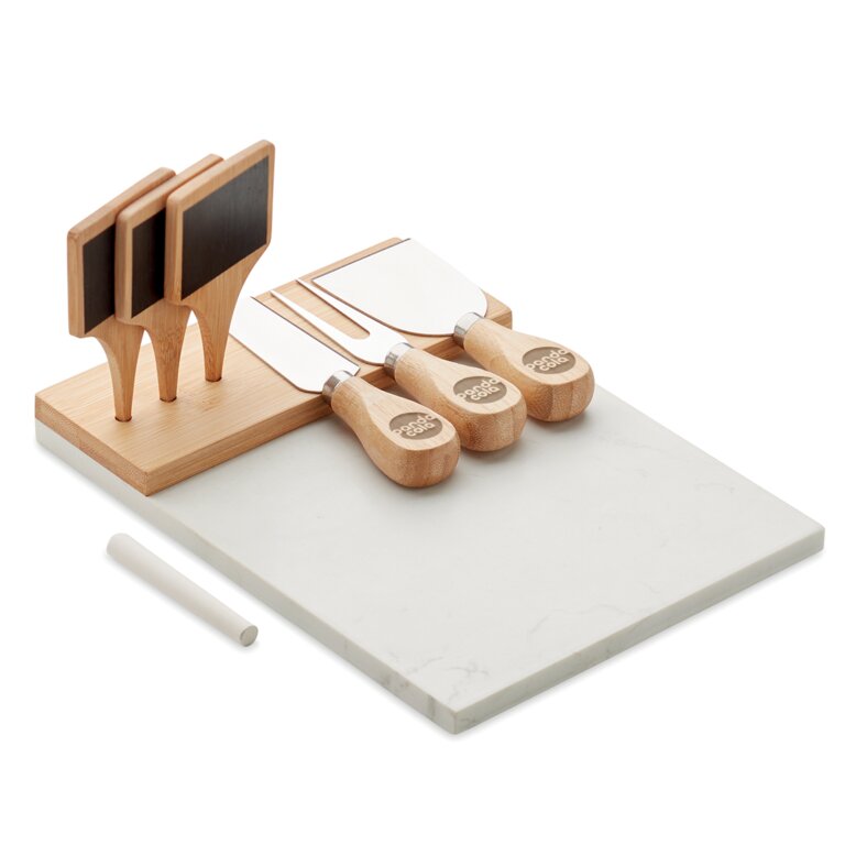 Plateau à fromage publicitaire en marbre et bambou avec ustensiles - Quisa | pandacolach - 2