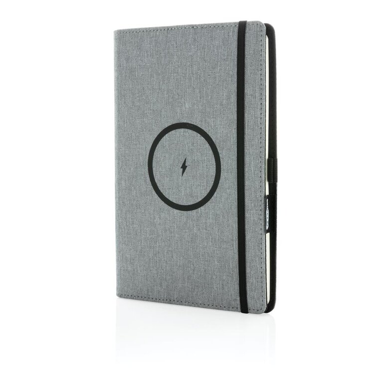 Carnet publicitaire A5 160 pages lignées avec housse recyclée à chargeur induction 5W - Air | pandacolach