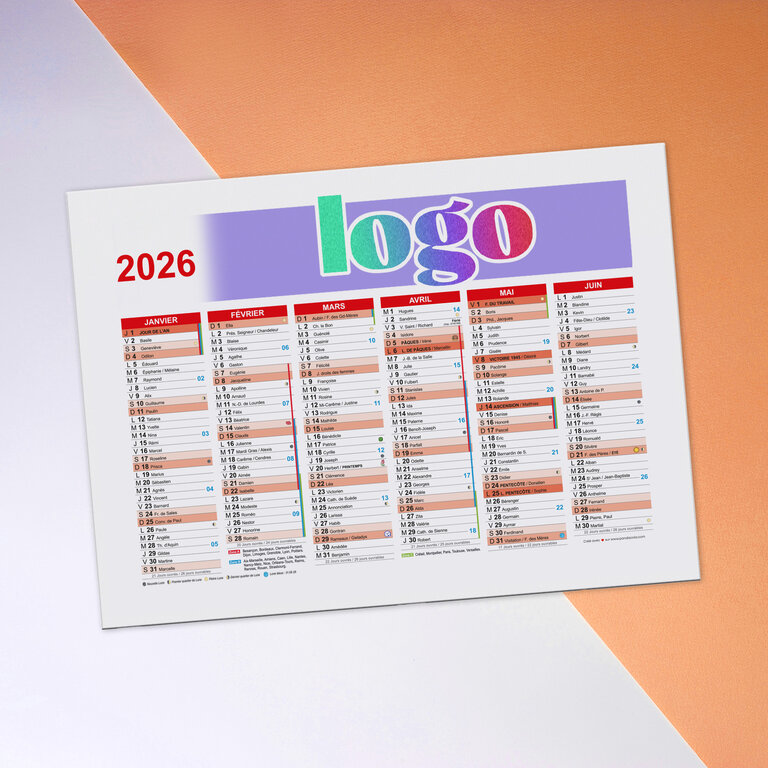 Calendrier bancaire 2026 rembordé personnalisable r/v épais - Dili | pandacola