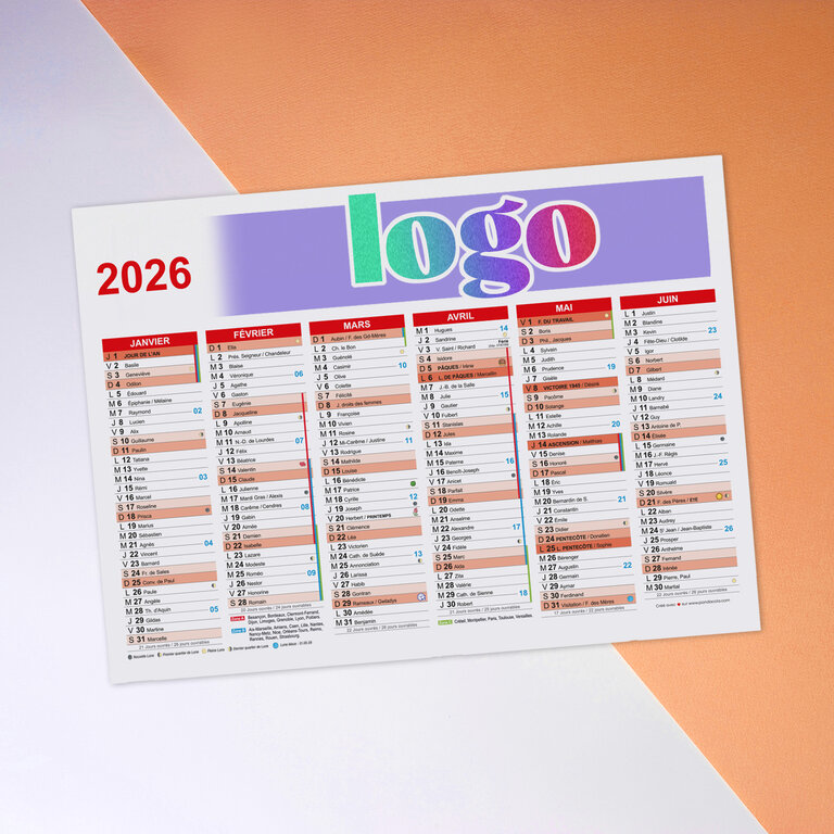 Calendrier bancaire 2026 rembordé personnalisable r/v épais - Dili | pandacolach