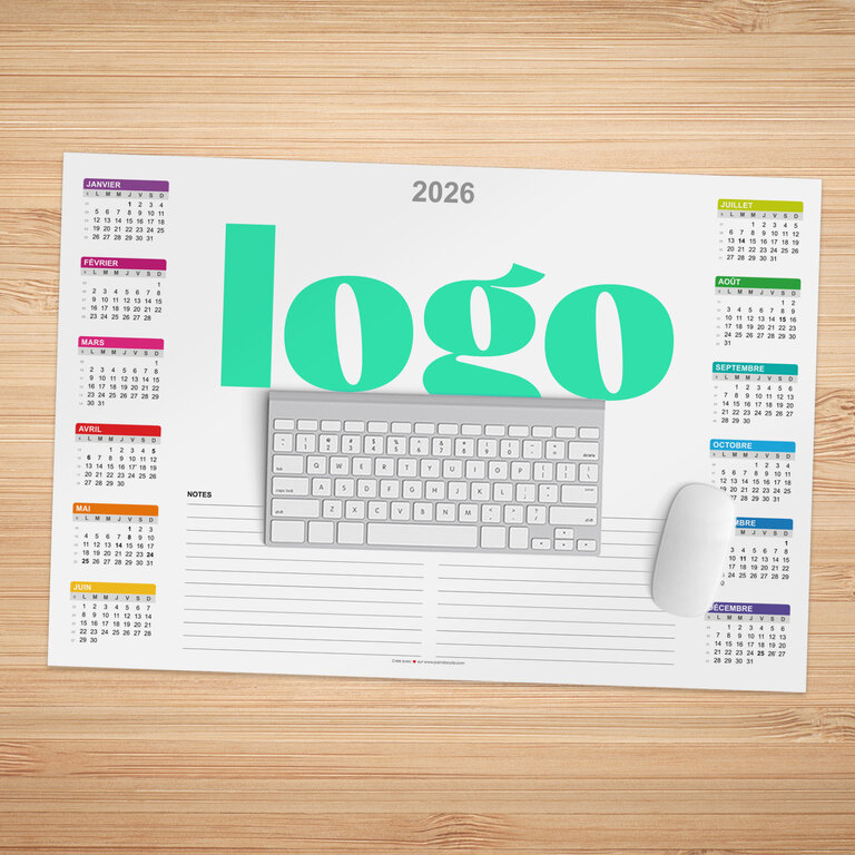 Sous main calendrier publicitaire 2026 avec zone d'annotation - Notes | pandacola