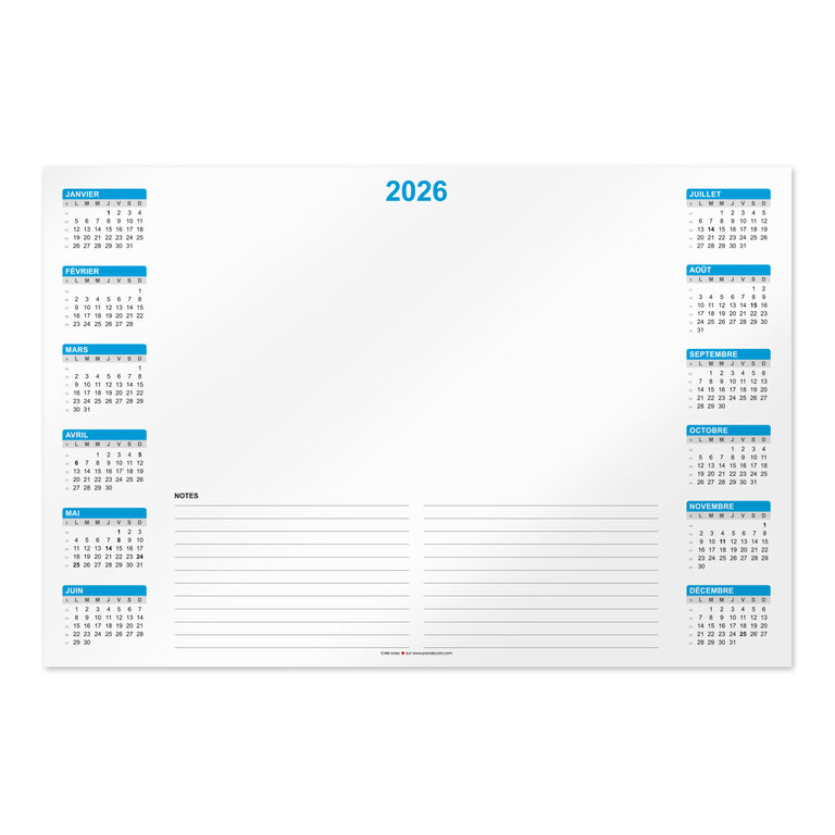 Sous main calendrier publicitaire 2026 avec zone d'annotation - Notes | pandacolach