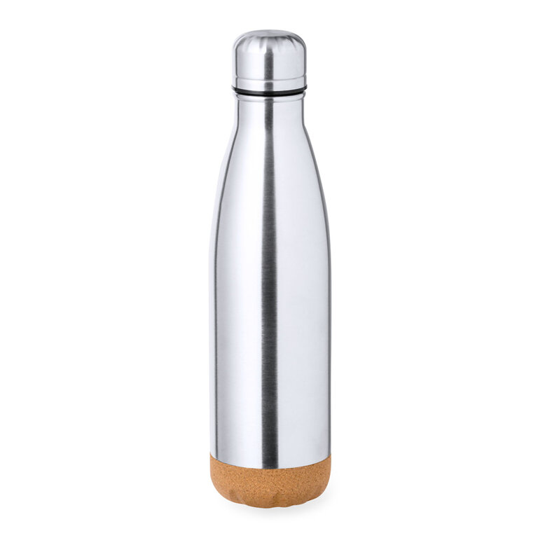 Bouteille publicitaire double paroi en acier inoxydable recyclé avec base en liège 500 ml - Lahti Recyclé | pandacola