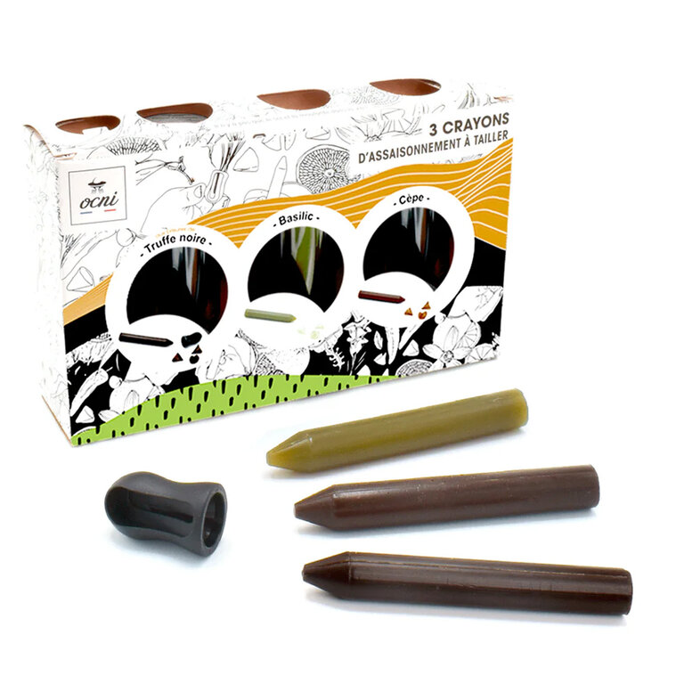 3 crayons d'assaisonnement personnalisé made in France au basilic - truffe noire - cèpe | pandacolach