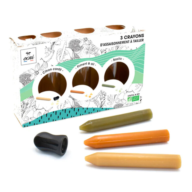 3 crayons d'assaisonnement personnalisé made in France à Citron Confit - Basilic - Piment & ail | pandacolach