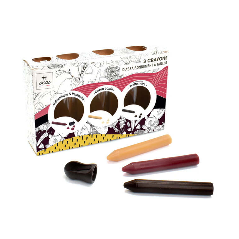 3 crayons d'assaisonnement personnalisé made in France à d'ail noir fumé - Truffe - Citron - Balsamique | pandacolach