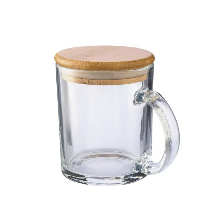 Mug personnalisable en verre recyclé avec couvercle bambou 300 ml - Hapo | pandacolach