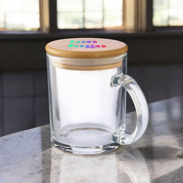 Mug personnalisable en verre recyclé avec couvercle bambou 300 ml - Hapo | pandacolach
