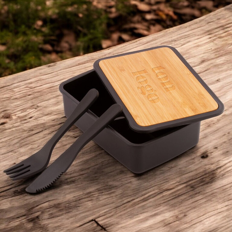Lunchbox personnalisable en PP avec couvercle en bambou et couverts 500 ml - Hungry | pandacolach