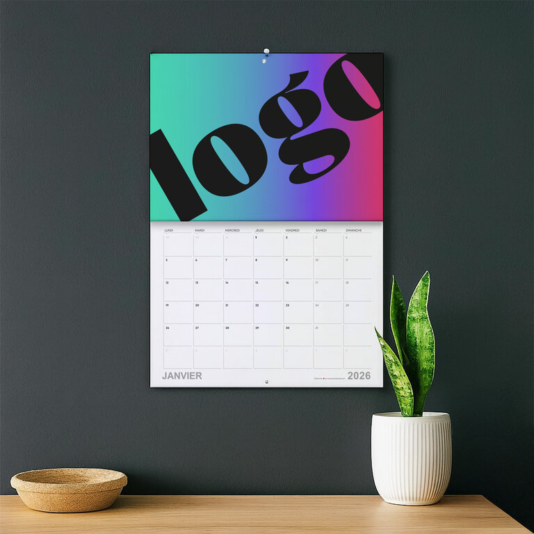 Calendrier 2026 agrafé mensuel personnalisable 28 pages 250 gr/m² Made In France - Kayo recyclé | pandacolach