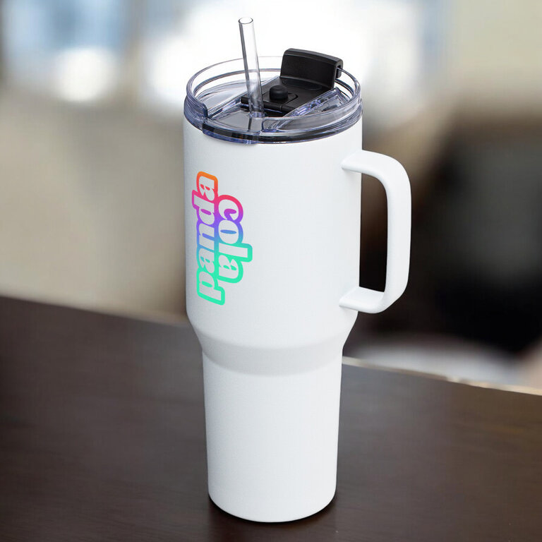 Mug isotherme personnalisable en acier inoxydable recyclé avec poignée et paille 1,2l | pandacola