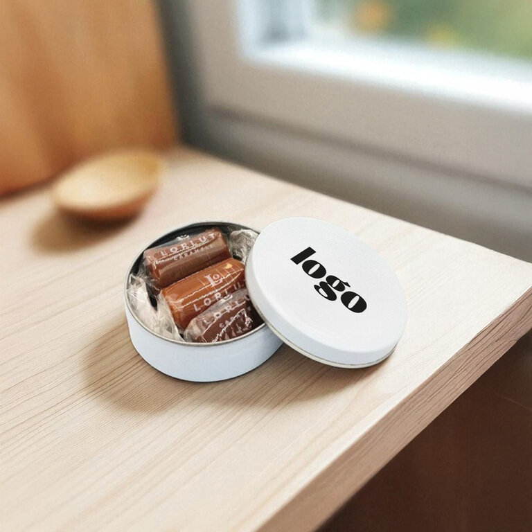 Petite boîte ronde personnalisable 3 caramels - Lorlut® Caramels | pandacola