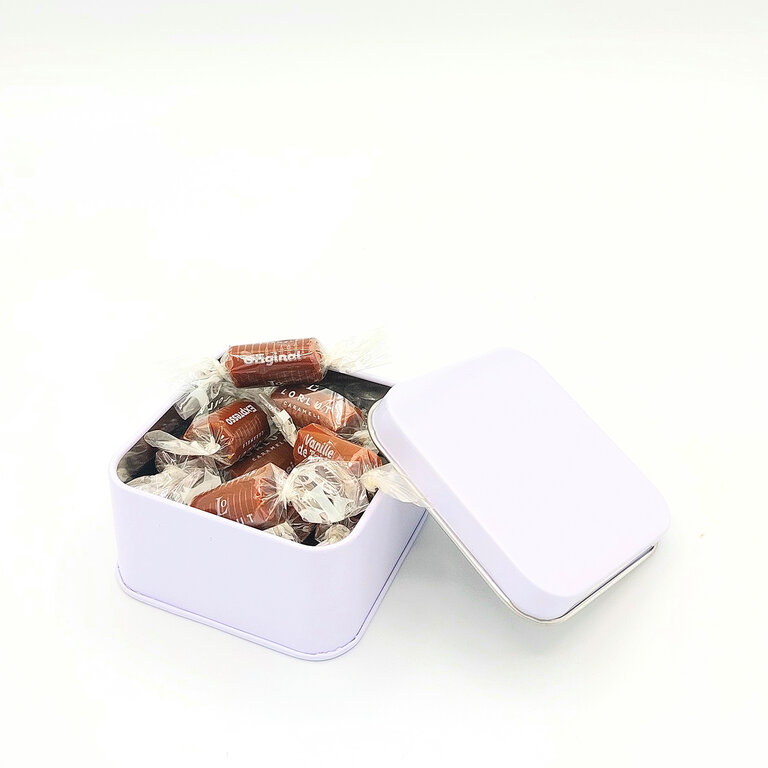 Boîte carré publicitaire de 65g de caramels fondants - Lorlut® Caramels | pandacolach