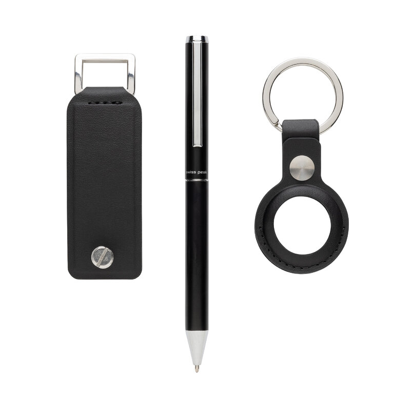 Coffret cadeau personnalisable avec porte-clés, AirTag et stylo SWISS PEAK® - Tunne | pandacolach
