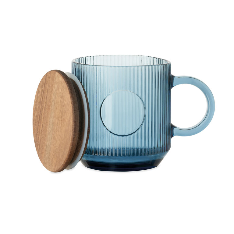 Mug personnalisable en verre strié 300 ml avec couvercle en acacia – Strioko | pandacolach - 2