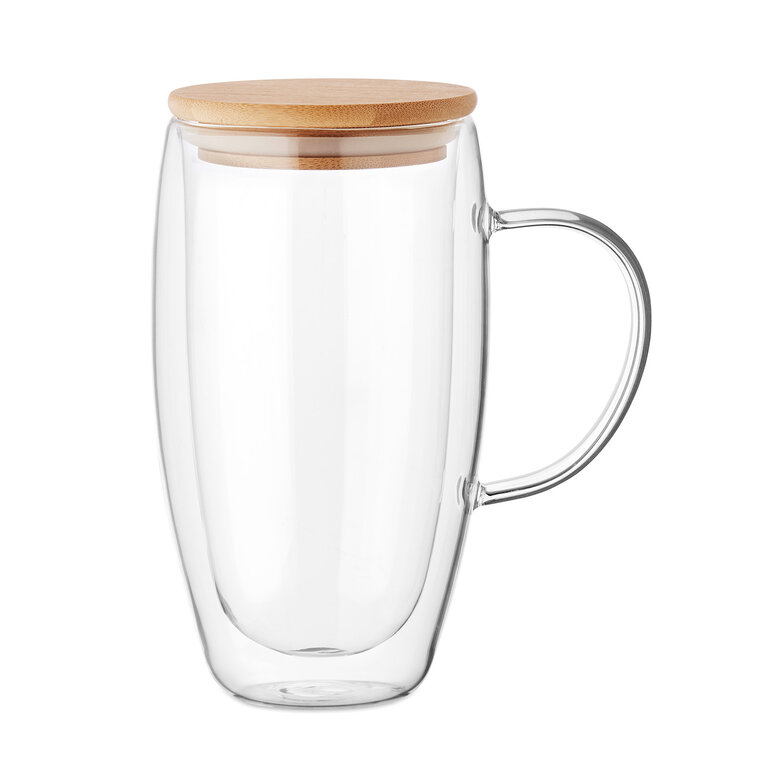 Mug personnalisable en verre borosilicate double paroi 450 ml avec couvercle en bambou – Bamb’O | pandacolach