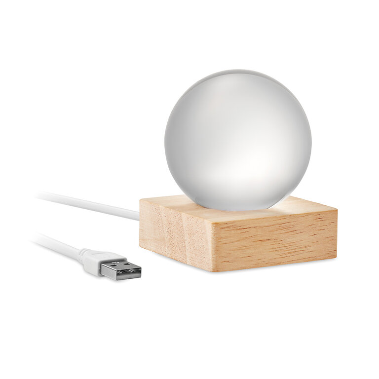 Lampe LED personnalisable boule en verre et bois d’hévéa – Lumiboule | pandacolach