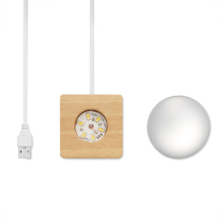 Lampe LED personnalisable boule en verre et bois d’hévéa – Lumiboule | pandacolach - 2