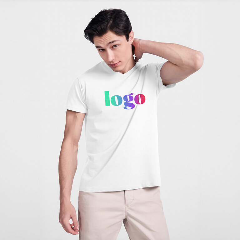 T-shirt personnalisé blanc homme col V en coton 155 gr/m² - Samoyedo | pandacolach