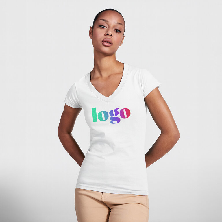 T-shirt personnalisé blanc femme col V en coton 155 gr/m² - Victoria | pandacolach