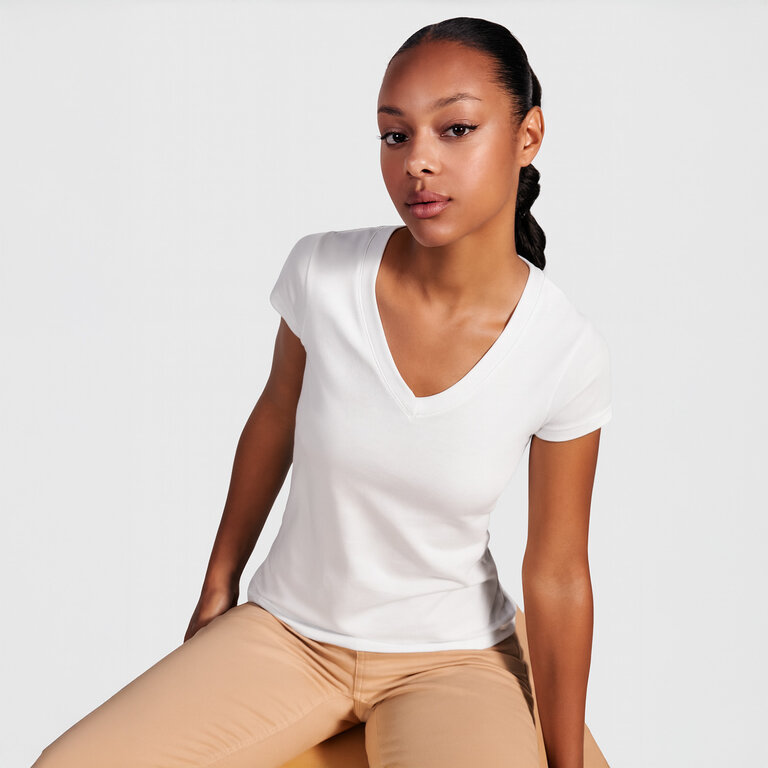 T-shirt personnalisé blanc femme col V en coton 155 gr/m² - Victoria | pandacolach - 4