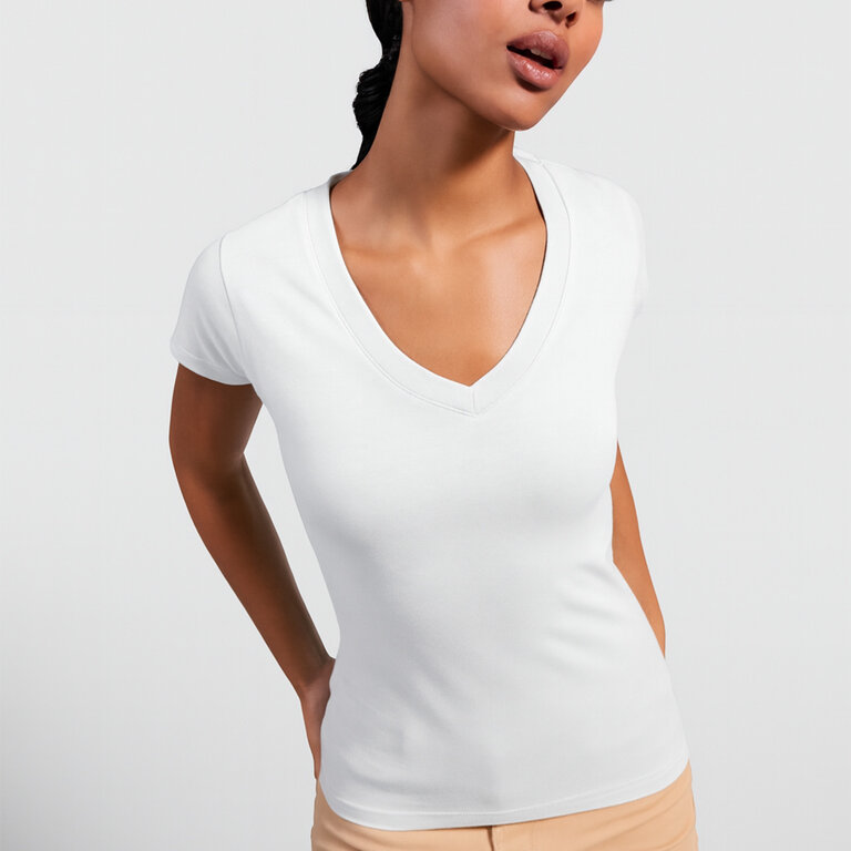 T-shirt personnalisé blanc femme col V en coton 155 gr/m² - Victoria | pandacolach - 5