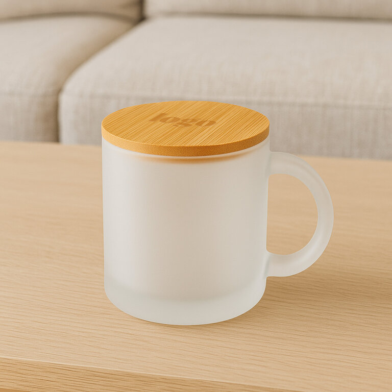 Mug personnalisable en verre avec couvercle bambou 330 ml - Moja | pandacolach