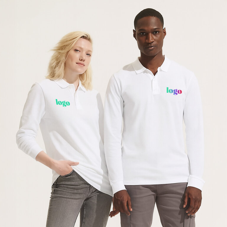 Polo personnalisé mixte blanc manches longues en coton bio 170 gr/m² - Planet Lsl | pandacolach