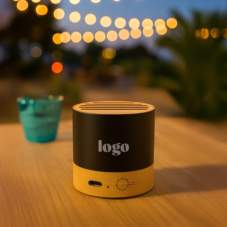 Haut-parleur publicitaire Bluetooth® 3W en aluminium recyclé et bois - Lissenne | pandacolach