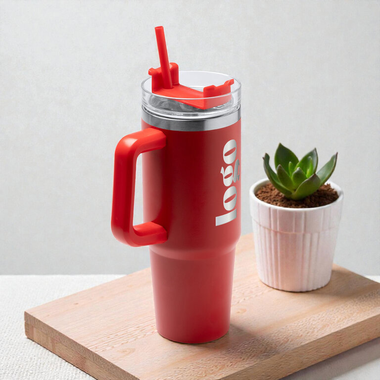 Mug isotherme personnalisable en acier recyclé avec paille 870 ml - Trendy | pandacolach