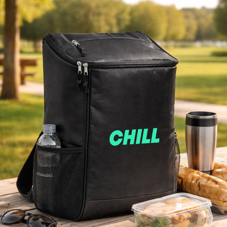 Sac à dos personnalisé isotherme en rPET avec poches latérales 18L - Dogel | pandacolach