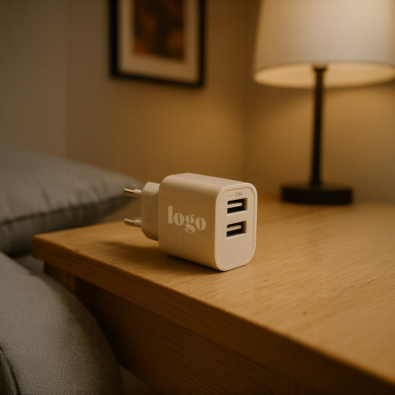 Chargeur secteur personnalisable en paille port USB - Ecostation one | pandacolach