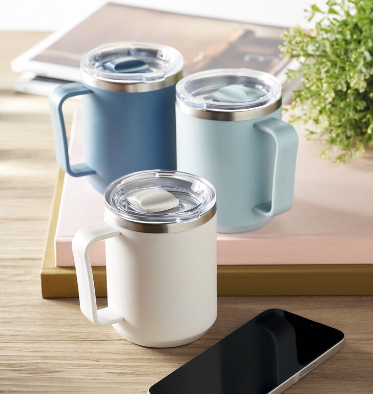 Mug isotherme personnalisable en acier recyclé avec couvercle etpoignée 400 ml - Klouki | pandacola - 1