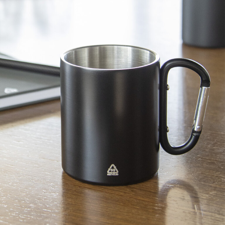 Mug personnalisable double paroi en acier recyclé avec poignée mousqueton 300 ml - Hacroche Recyclé | pandacola - 2